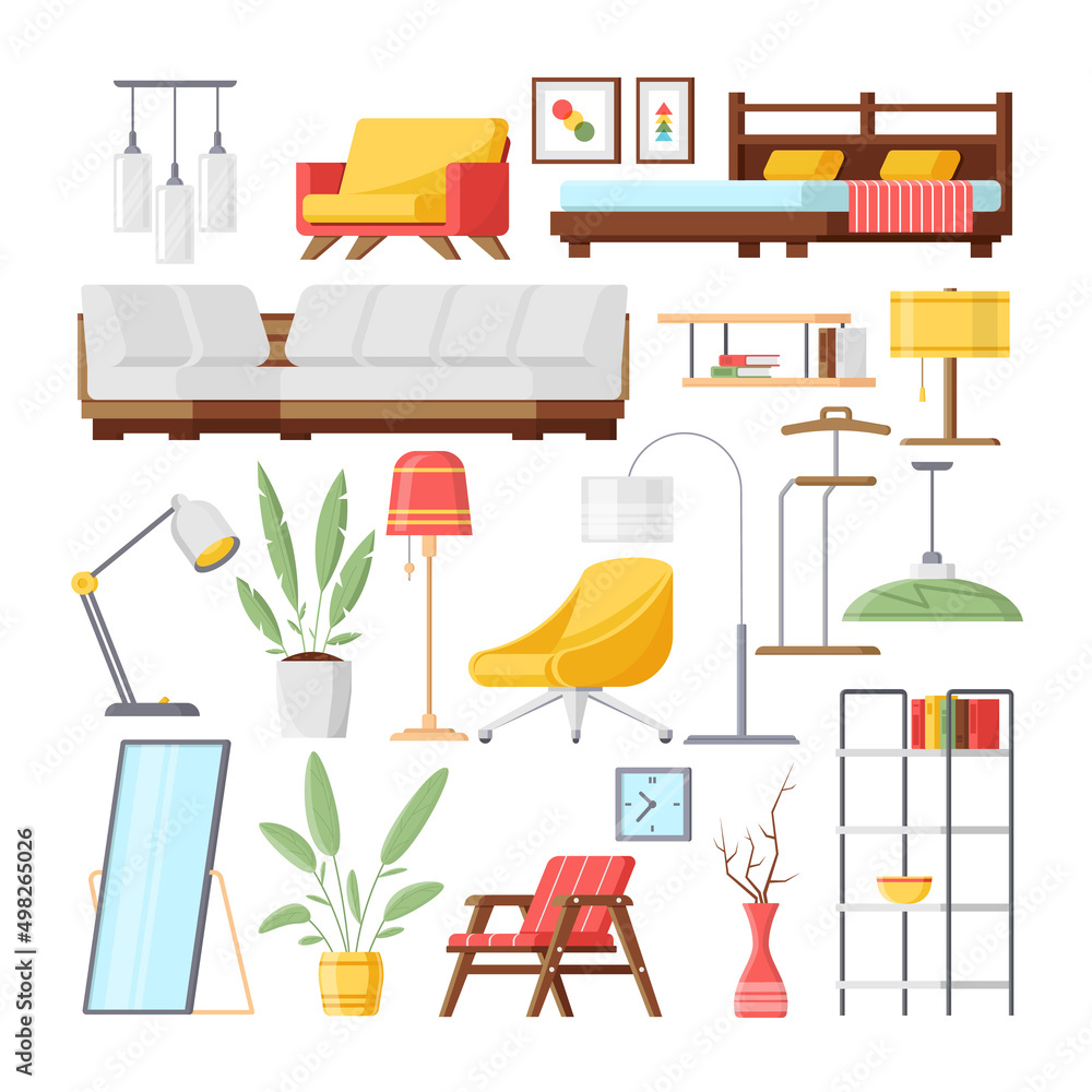 Collection interior design decorative elements illumination furniture isometric icon vector illustration. Set domestic office apartment furnishing armchair bed floor lamp wall art couch potted plant Collection interior design decorative elements illumination furniture isometric icon vector illustration. Set domestic office apartment furnishing armchair bed floor lamp wall art couch potted plant