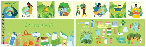People Characters trying to Save Planet Earth. Zero waste. Global Warming and Climate Change Concept.