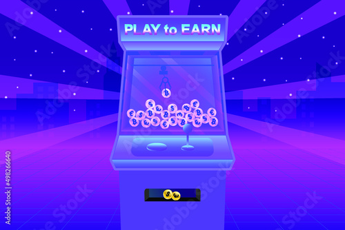 Play to Earn, concept illustration design. Cryptocurrencies in claw game machine, isolated futuristic neon metaverse background.