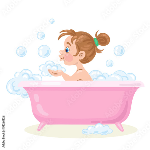 Cute little girl takes a bath. Plays with foam and blows bubbles. In cartoon style. Isolated on white background. Vector illustration