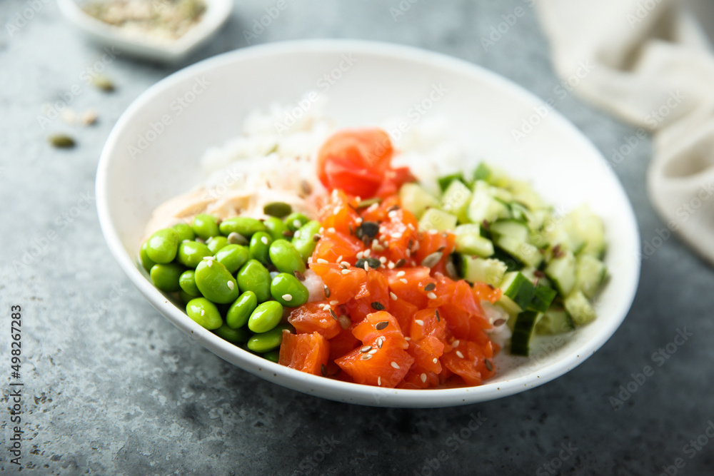 Homemade poke bowl with smoked salmon Homemade poke bowl with smoked salmon