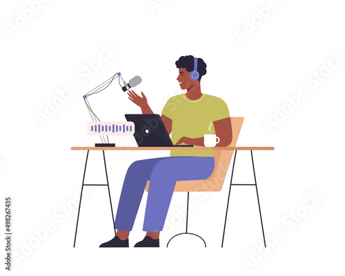Podcast concept. Happy man recording audio podcast, podcaster speaking in microphone. Vector flat illustration