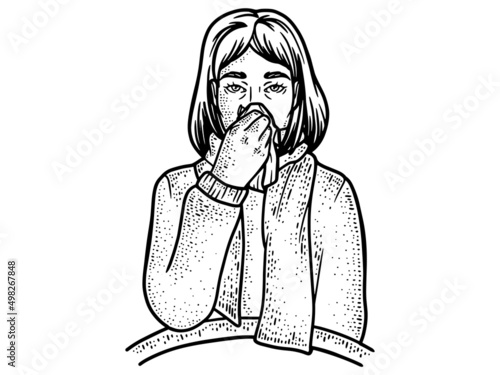 Girl cold or flu symptoms. Female character have rheum.