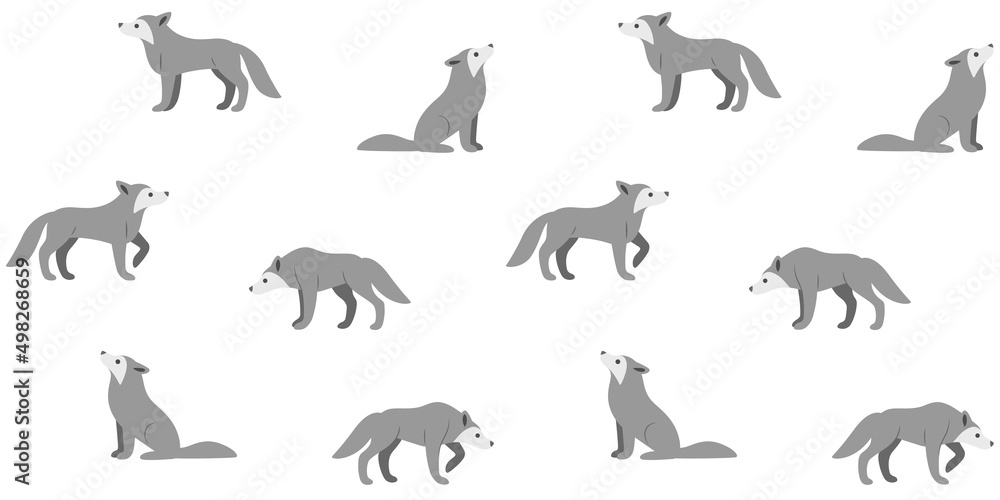 Simple seamless trendy animal pattern with wolf in different poses. Cartoon vector print.