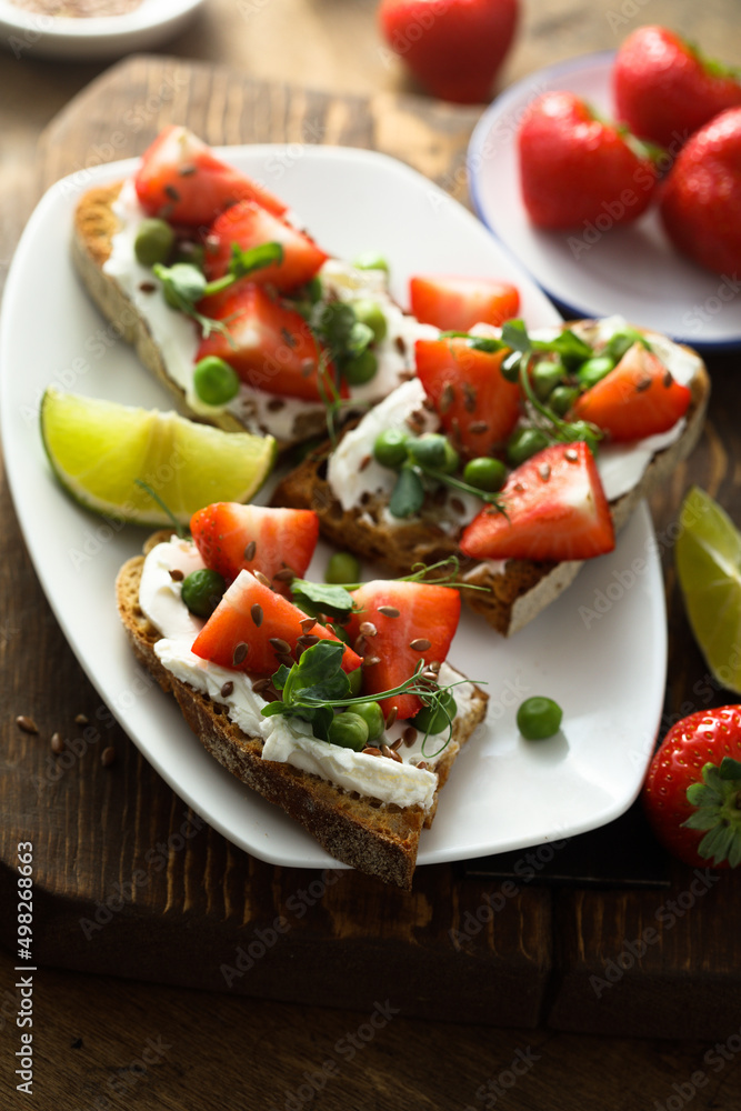 Homemade strawberry bruschetta with green pea Homemade strawberry bruschetta with green pea