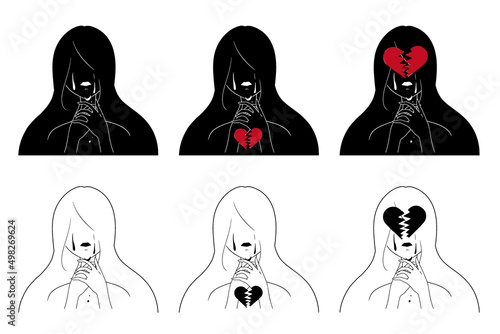 首に手をかける女性と割れたハートの抽象的な自殺イメージのイラストセット