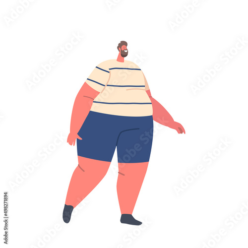 Male Character Healthy Life. Corpulent Fat Man Wear Sports Suit Walking Isolated on White Background. Man Weight Loss