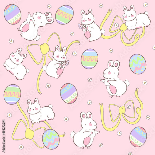 Illustration of easter eggs and white bunny with spring blossom pastel color pattern background