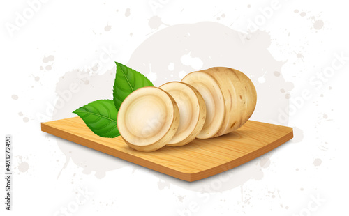 Ginseng root slices vector illustration on wooden chopping board