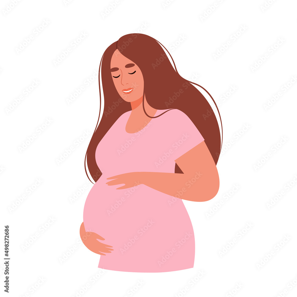 Happy woman expecting a baby. Pregnant woman with tummy. Concept of pregnancy and motherhood. Flat vector illustration. Happy woman expecting a baby. Pregnant woman with tummy. Concept of pregnancy and motherhood. Flat vector illustration.