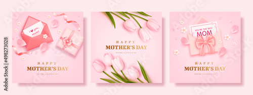 Set of Mother s day poster or banner with realistic tulips  sweet hearts  envelope and pink gift box on pink background