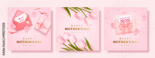 Set of Mother's day poster or banner with realistic tulips, sweet hearts, envelope and pink gift box on pink background