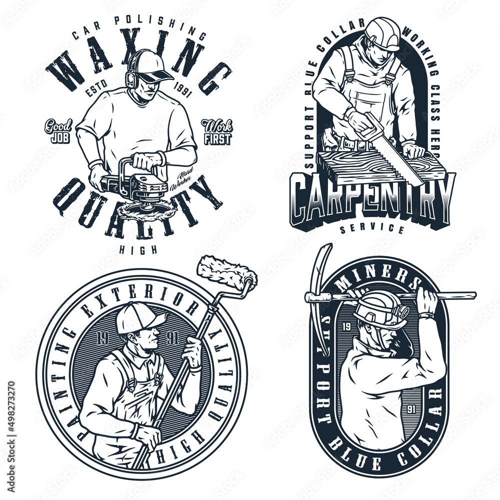 Blue-collar workers monochrome badges set Blue-collar workers monochrome badges set
