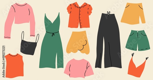 Set of trendy casual and formal outfits. Clothes in hipster or trendsetter. Flat cartoon colorful vector illustration.