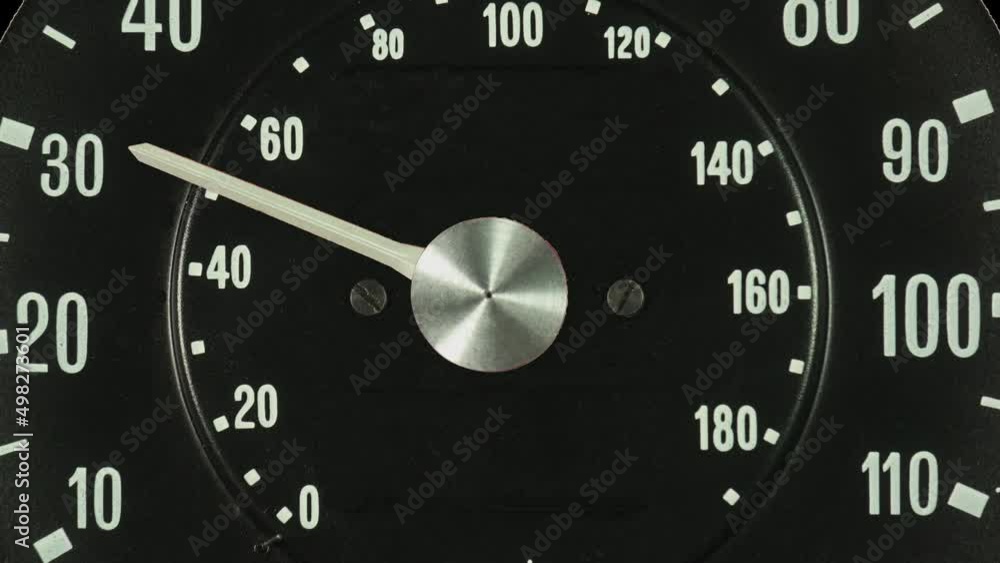 Zoom in to a vehicle speedometer with a spinning needle. Displaying rapid speed and acceleration. Zoom in to a vehicle speedometer with a spinning needle. Displaying rapid speed and acceleration.