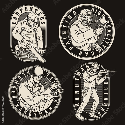 Manual laborers monochrome labels set
