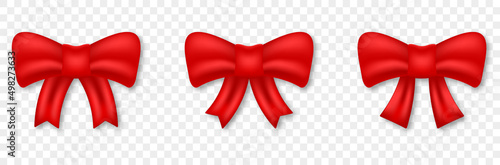 Red Bow Realistic Set for Decoration Present. Silk Ribbon Tie Gift Element on Transparent Background. Elegant Satin Knot for Christmas, Birthday, Anniversary Surprise. Isolated Vector Illustration