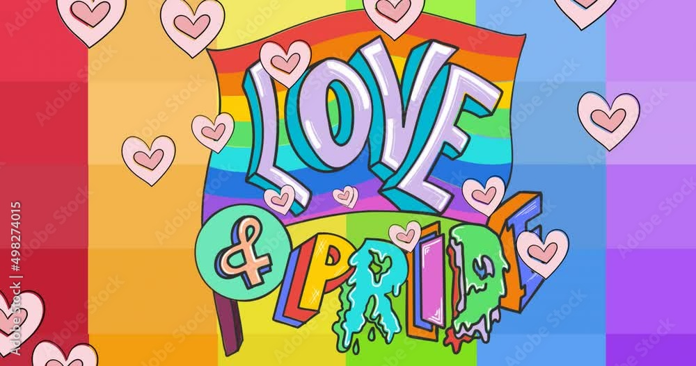 Animation of hearts over rainbow love and pride text on rainbow background Animation of hearts over rainbow love and pride text on rainbow background