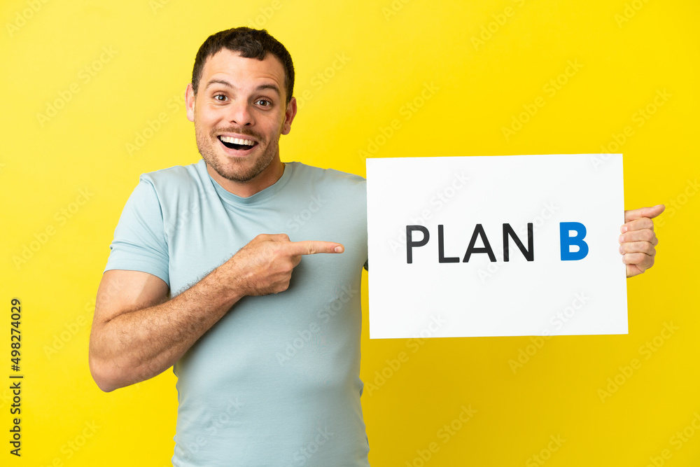 Brazilian man over isolated purple background holding a placard with the message PLAN B with surprised expression Brazilian man over isolated purple background holding a placard with the message PLAN B with surprised expression