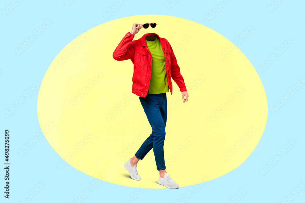 Collage photo image surreal headless male go down town city incognito person trendy clothing on colorful background - obrazy, fototapety, plakaty 