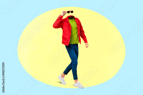 Collage photo image surreal headless male go down town city incognito person trendy clothing on colorful background photo