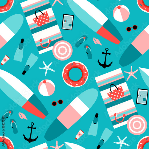 Summer vacation pattern with beach funny objects on blue background. Summertime games icon vector illustration, surf board, sun glasses, swimming flipper, flip-flops, ring float..