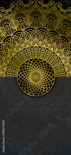 Elegant, luxury ornamental mandala design in gold colour on black background. Mandala with floral patterns. Yoga template. Vector illustration.