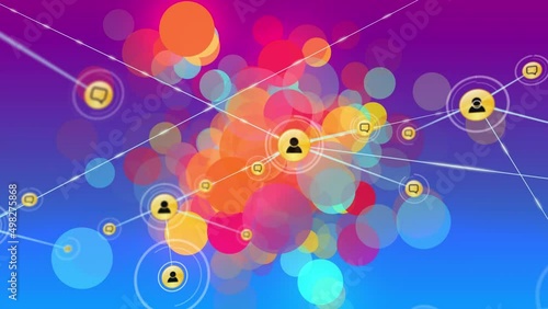 Animation of network of connections of user icons on colorful background photo