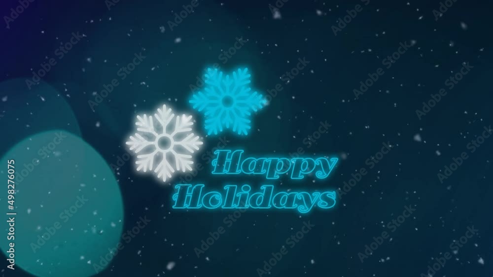 Animation of happy holiday text over falling snow Animation of happy holiday text over falling snow