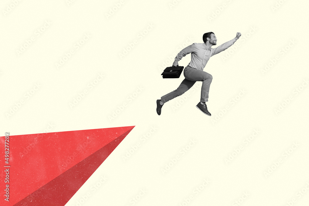 Photo illustration on trendy background funky business person rise up flight aspiration success marketing concept Photo illustration on trendy background funky business person rise up flight aspiration success marketing concept