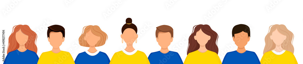 Group of people in the colors of the Ukrainian flag stands in a row. Crowd of young people men and women in support of Ukraine. Population, patriots, society. Flat vector illustration.