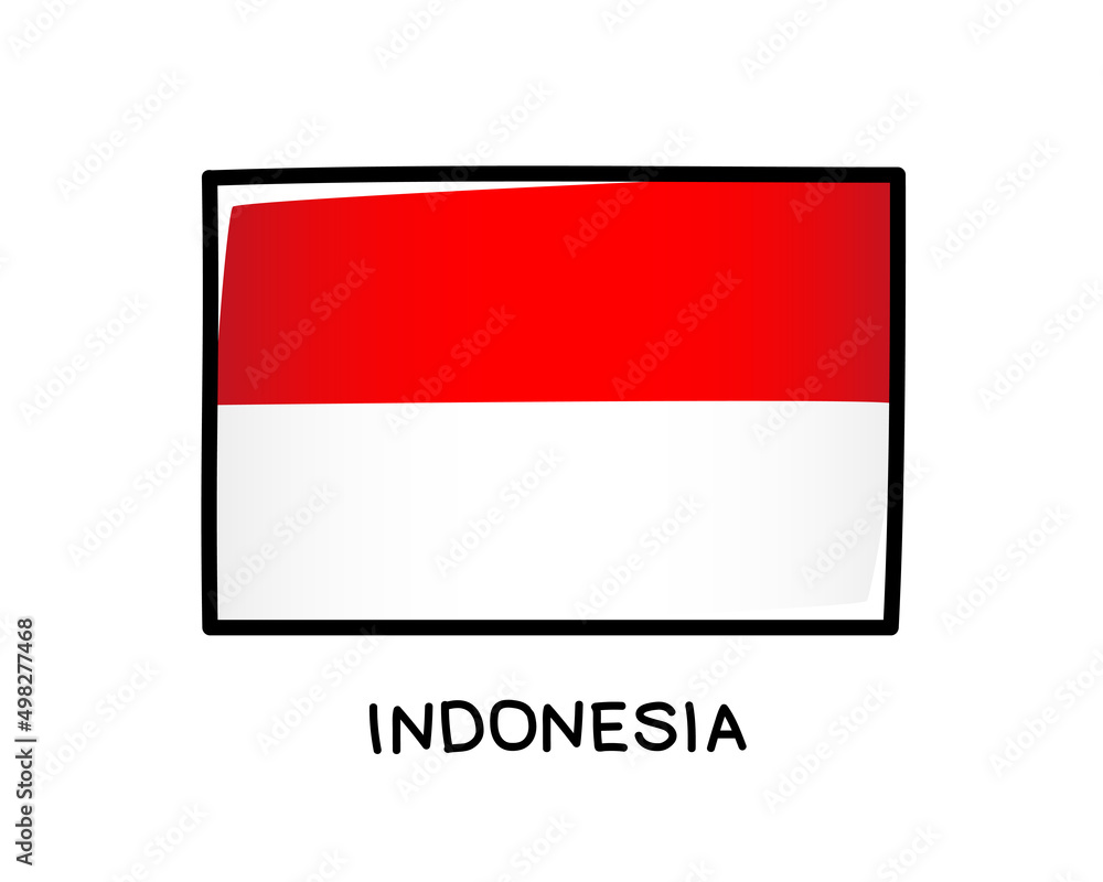 Flag of Indonesia. Colorful Indonesian flag logo. Red and white brush strokes, hand drawn. Black outline.