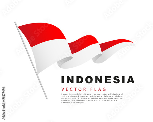 The flag of Indonesia hangs on a flagpole and flutters in the wind. Vector illustration isolated on white background.