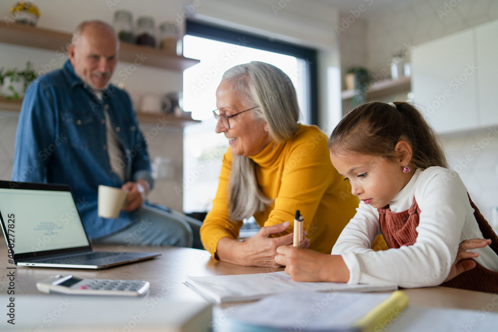 Obraz premium Small girl with senior grandparents doing maths homework at home.
