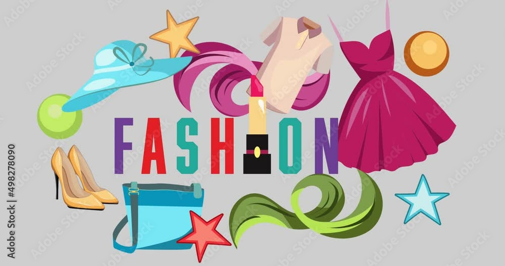 Animation of clothes over fashion text Animation of clothes over fashion text
