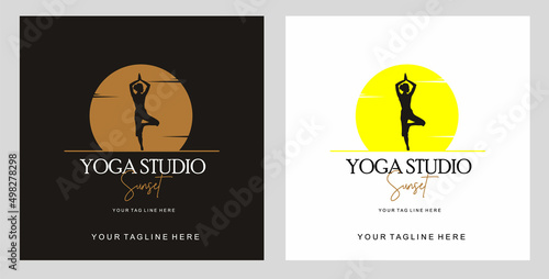silhouette yoga logo with sunrise element. used for yoga studio logo