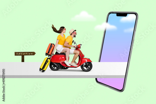 Image of couple ride retro motorcycle inside big cell telephone smart phone touch screen social network bloggers fast connection concept