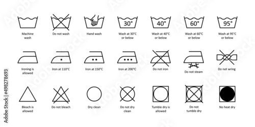 Main laundry wash symbols icons set editable stroke on white background. Vector