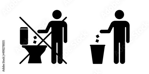 Do not throw paper in the toilet, throw in the trash symbols. Vector
