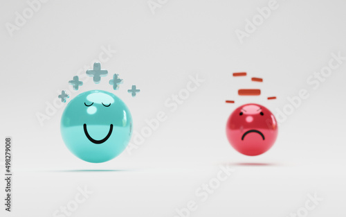 Isolate of blue smile face with plus sign and red angry with minus sign for positive and negative thinking mindset and happy life concept by 3d render.