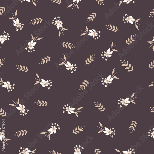 Vintage floral pattern. Seamless pattern with small white flowers on a twig, various foliage on a brown background. Botanical print with autumn mood. Vector.