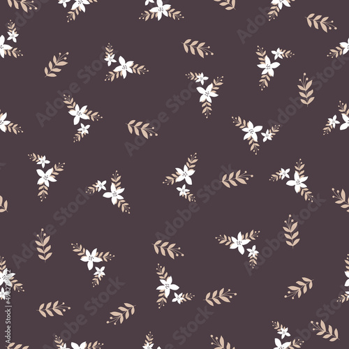 Vintage floral pattern. Seamless pattern with small white flowers on a branch, varied foliage on a brown background. Botanical print with autumn mood. Vector print