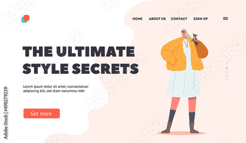 Ultimate Style Secrets Landing Page Template. Trendy Old Lady with Little Dog on Hands, Aged Female Character