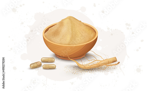 A wooden bowl full of ginseng ayurvedic powder with ginseng capsule and roots
