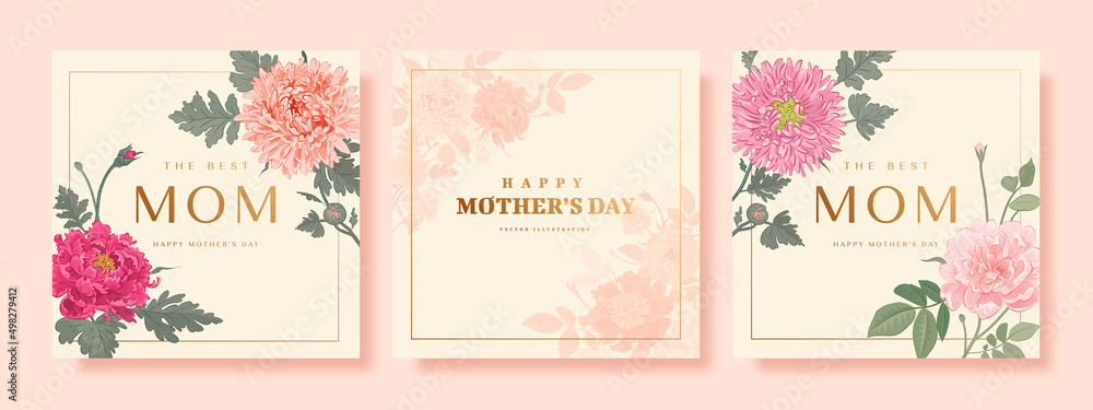 Set of Mother's day poster, banner or greeting card with hand drawn flowers on beige background