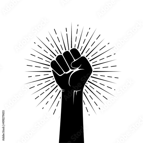 Human black hand raised arm clenched his fist in the fight for liberty. Black arm silhouette.