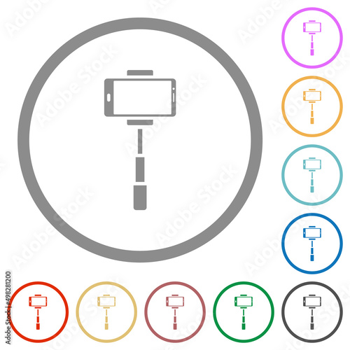 Smartphone on selfie stick front view flat icons with outlines