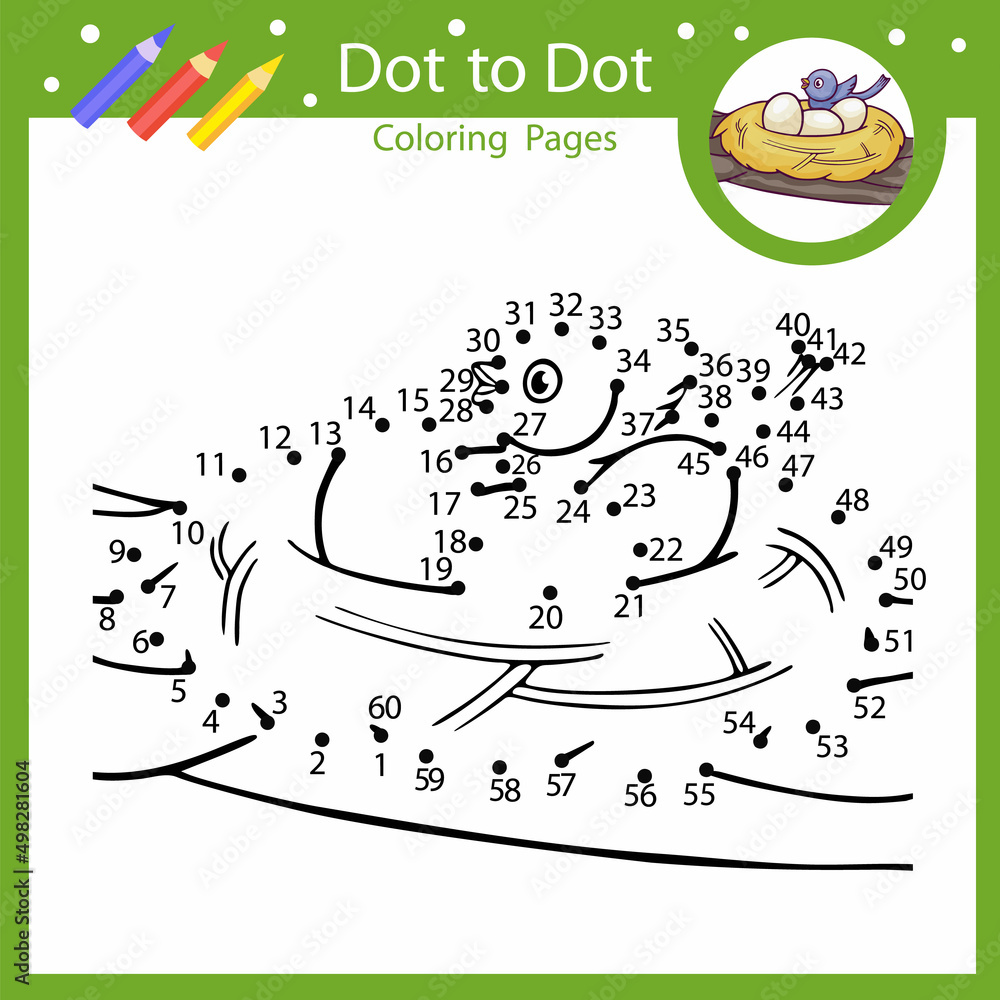 Dot to dot game. Connect drawing by numbers of the chick hatched from an egg in the nest. Kids riddle activity page and coloring book. Children education worksheet with cute bird. Vector illustration.