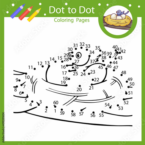 Dot to dot game. Connect drawing by numbers of the chick hatched from an egg in the nest. Kids riddle activity page and coloring book. Children education worksheet with cute bird. Vector illustration.