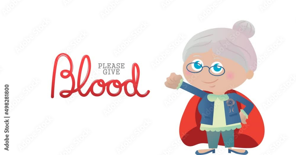 Animation of please give blood text with illustration of superhero woman Animation of please give blood text with illustration of superhero woman